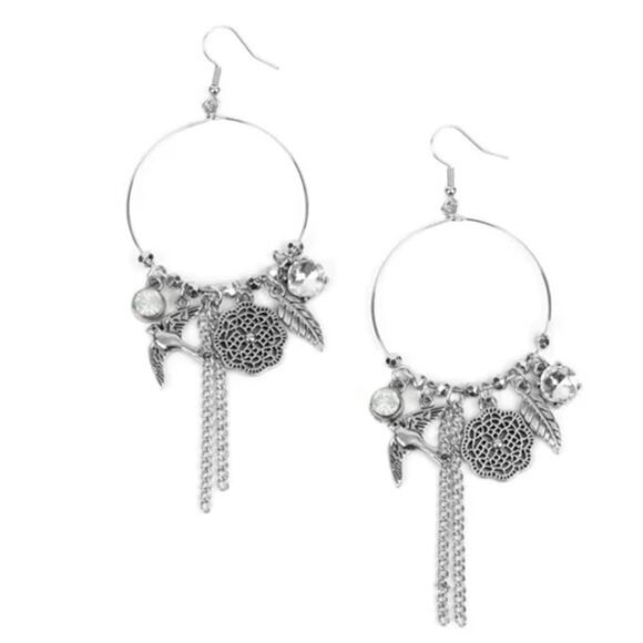 silver dangle earrings birds floral charm hook Tweet Dreams chain - Picture 3 of 6
